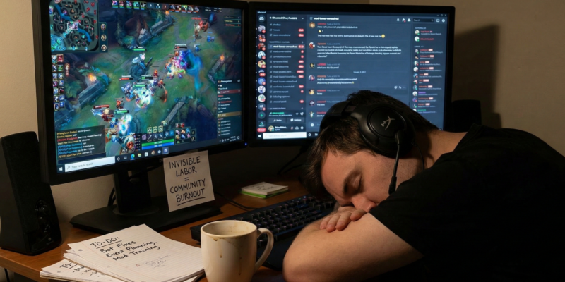 A man asleep at his desk with a game on one monitor and Discord at another